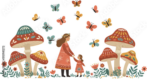 Woman and child in whimsical forest surrounded by colorful mushrooms and butterflies