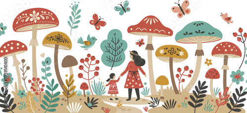 Woman and child in whimsical forest with colorful mushrooms and butterflies