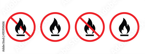 Set of no fire vector icons. Red forbidden signs of ban campfire or flame. Vector 10 Eps.
