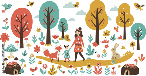 Woman walking in forest with trees animals and flowers in autumn