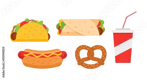 Cartoon illustrations of various fast food items on a white background