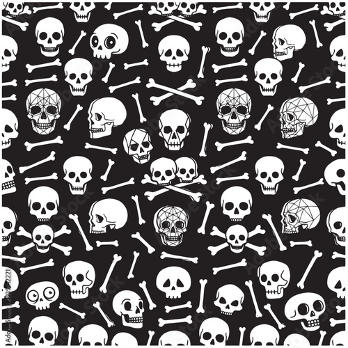 A seamless black and white pattern featuring a dense arrangement of various skulls and crossbones, creating a spooky Vector Design Illustration.
