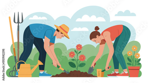 Couple gardening together man and woman planting flowers in garden gardening tools nearby sunny day beautiful landscape