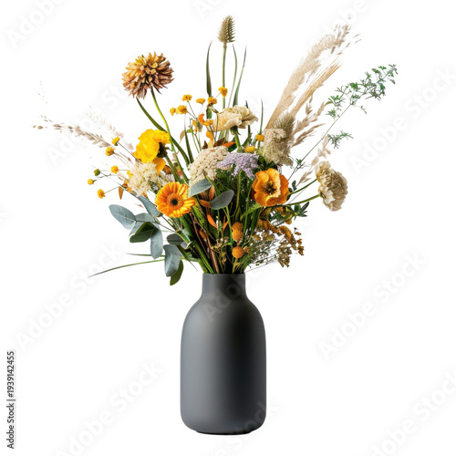 Yellow and orange wildflower bouquet in matte black ceramic vase isolated on Transparent Background