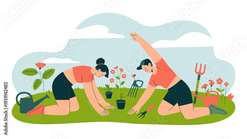 Two women gardening together in a lush green garden with flowers and gardening tools kneeling on the grass under a serene blue sky