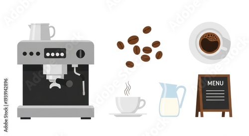 Coffee shop elements set espresso machine coffee beans cups and menu board
