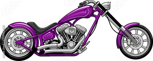 Vibrant purple chopper motorcycle illustration with sleek chrome engine and handlebars on a clean background from a side view