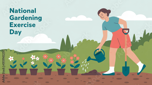 Woman watering potted flowers in garden on national gardening exercise day healthy lifestyle illustration