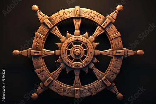 Highly detailed wooden dharma wheel, radiating a golden glow against a dark backdrop, symbolizing buddhist principles