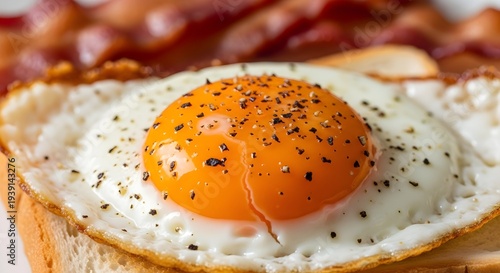 fried egg on a plate, Extreme close-up macro photo of a sunny side up fried egg on a slice of toasted white bread with crispy bacon in the background, bright orange egg yolk with cracked glossy surfac