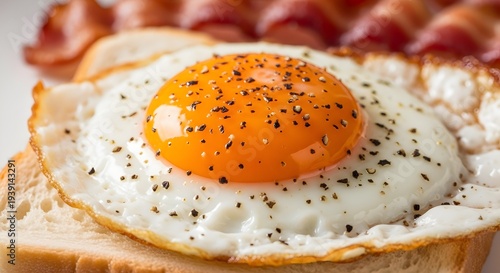 fried egg on a plate, Extreme close-up macro photo of a sunny side up fried egg on a slice of toasted white bread with crispy bacon in the background, bright orange egg yolk with cracked glossy surfac