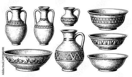 Hand Drawn Ancient Pottery Collection Archaeological Greek Ceramic Vessels Sketch