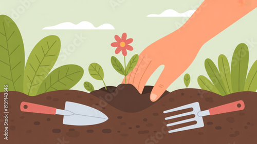 Hand planting a flower in soil with gardening tools nearby in a serene outdoor setting