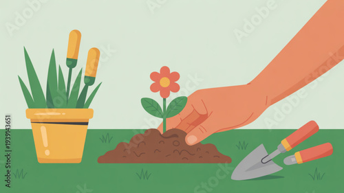 Hand planting a red flower in soil with gardening tools and potted plants nearby in a serene green environment