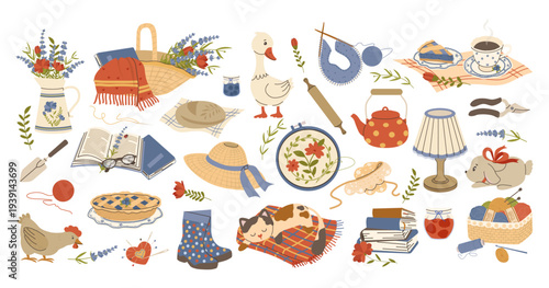 Set of cozy cottagecore elements including garden tools, home decor, pets, and hobbies. Flat vector illustration for slow living concept, DIY projects, and spring crafts.