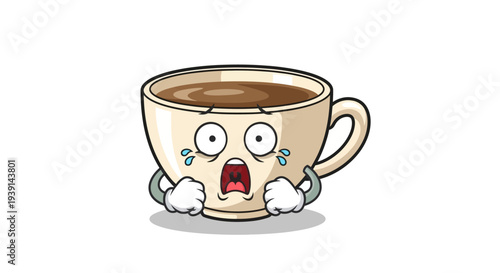 Vector illustration of a distressed cartoon coffee cup character, showcasing a crying and scared expression, ideal for humorous or emotional beverage-themed content and digital design projects