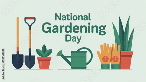 Gardening tools and plants arranged for national gardening day celebration with shovels potted plants watering can and gloves