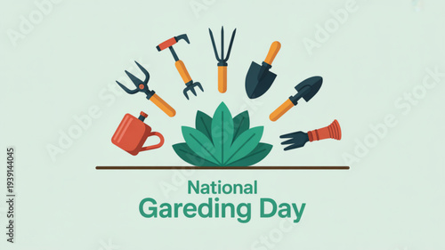 National gardening day illustration with gardening tools and green leaf on light background symbolizing growth and outdoor activities