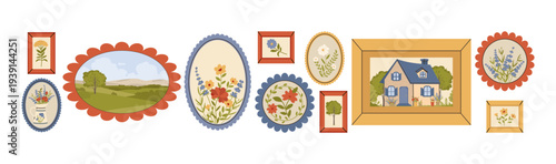 Vector illustration of a cozy cottagecore wall gallery featuring framed botanical prints, floral bouquets, and rural landscape paintings. Perfect for home interior design and rustic decor themes.