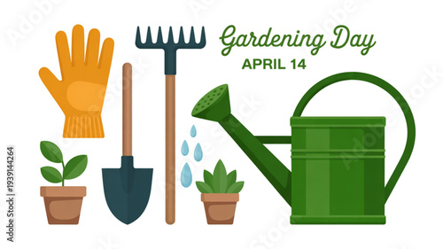 Gardening day celebration with tools and plants on april 14 featuring watering can gloves and potted plants in a clean design