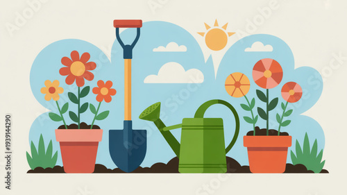 Gardening tools and potted flowers illustration with shovel watering can and vibrant blooms against a sunny sky background