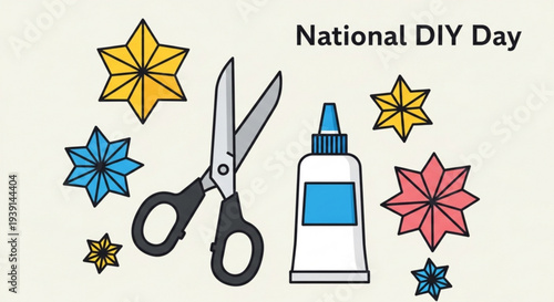 National diy day illustration with scissors glue and colorful paper stars on beige background