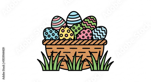 Colorful easter eggs in a wicker basket on grass spring holiday decoration