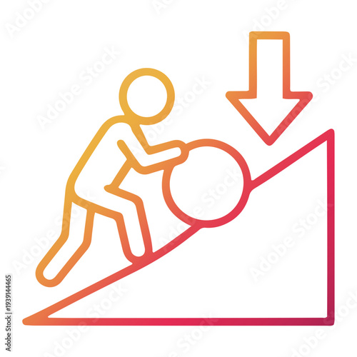 Person pushing a large ball up an inclined plane with a downward arrow above