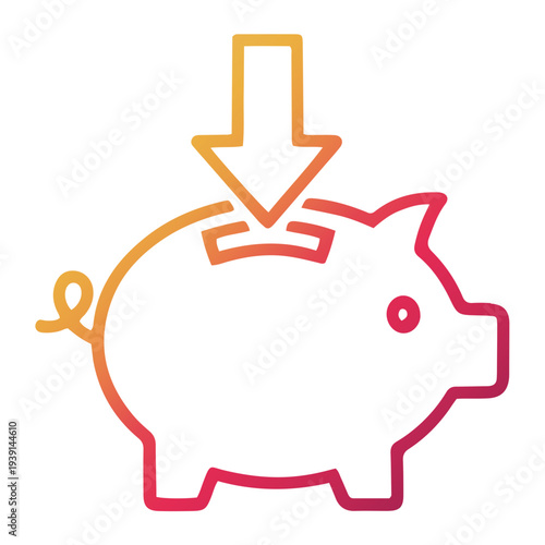 Inserting coins into a piggy bank illustration from a side view with a downward arrow