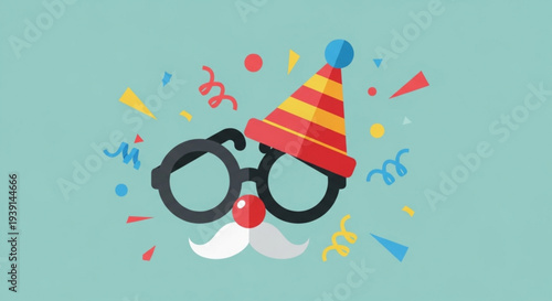 Cartoon face with party hat glasses mustache and confetti on light blue background for celebrations