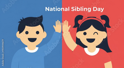 Brother and sister high fiving on national sibling day celebrating sibling love and friendship with colorful cartoon illustration