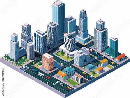 Isometric view of a bustling modern cityscape with various buildings