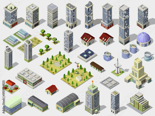 Isometric cityscape collection featuring diverse buildings trees and urban elements