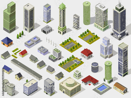 Isometric city elements buildings parks roads and infrastructure