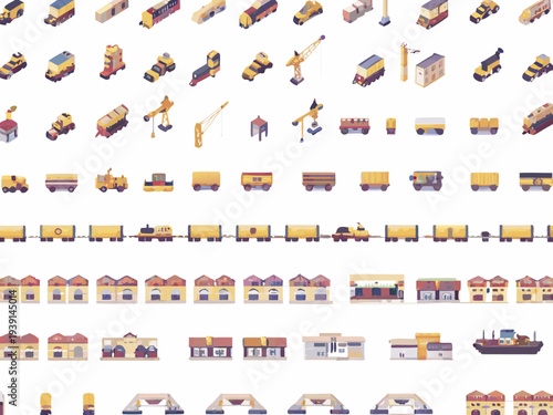 Isometric collection of toy vehicles buildings and transport elements