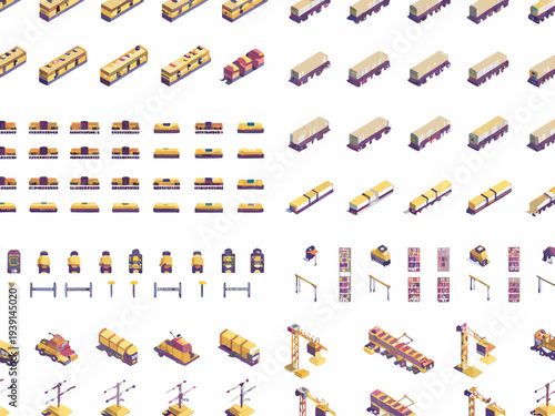 Isometric construction vehicles buildings and infrastructure elements collection