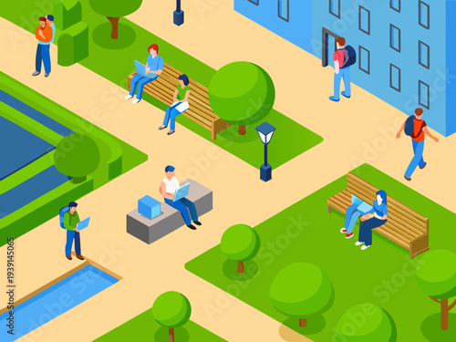 Isometric illustration of people using laptops in a vibrant outdoor space