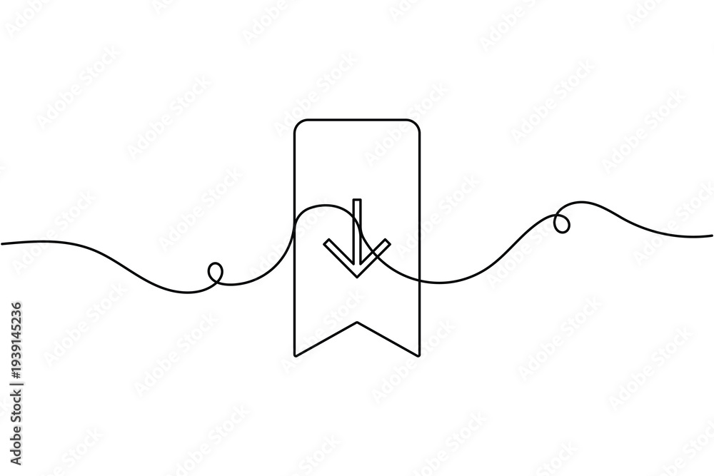 Obraz premium Bookmark with download arrow sign icon continuous one line drawing on white background minimal file save and download symbol outline vector illustration