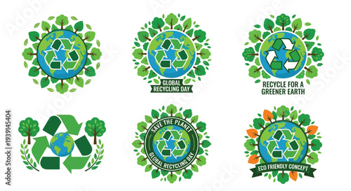 Global recycling day earth with trees and recycle symbols