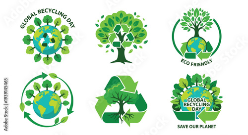 Global recycling day emblems featuring trees and the earth