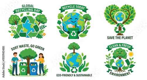 Global recycling day illustrations featuring earth trees and people