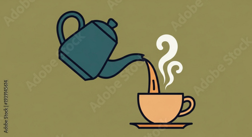 Teapot pouring hot tea into a cup on a saucer with steam rising
