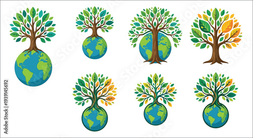 Trees growing on globes depict environmental growth and planetary health
