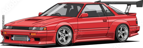 Red sports car illustration showcasing sleek design and vibrant color on a clean background from a dynamic angled viewpoint