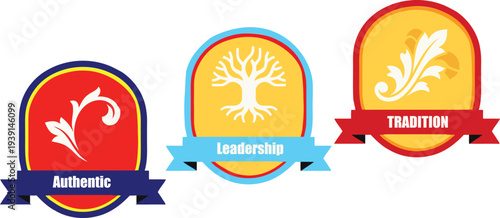 Vintage emblem badge set with ribbon banners and organic nature symbols for traditional brand identity and product labeling