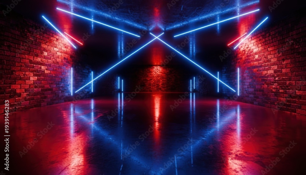 Fototapeta premium Neon laser light show in dark brick underground tunnel futuristic glowing red blue