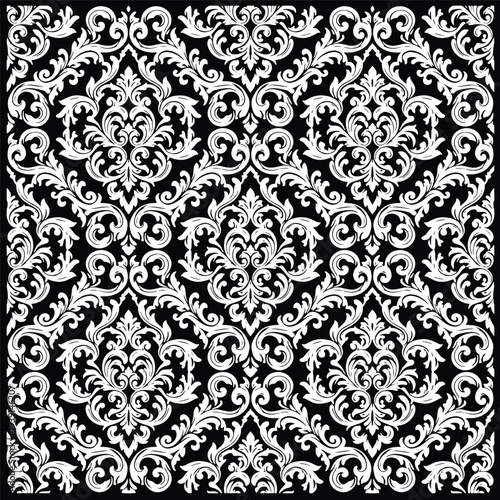 Elegant seamless pattern with intricate white baroque damask floral scrolls on black, a luxurious and sophisticated decorative Vector Design Illustration.