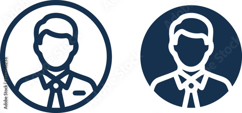 Professional business man avatar icon set featuring outline and solid versions for corporate user profile placeholders and web design