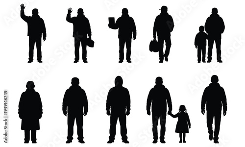 Man and Father with Child Silhouette Set Standing Walking Waving Male People Black Isolated Vector Illustration