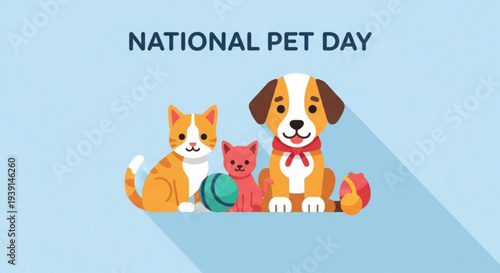 National pet day celebration with happy animals and toys on light blue background
